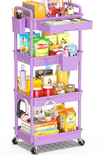 SUNALLY 4 Tier Rolling Cart with Drawer,Craft Storage Cart Organizer,Purple | Bathroom Storage Organizer with 2 Lockable Wheels, Rolling Utility Cart for Kitchen, Office, Baby, Makeup, Nail,Snack,Laundry - color: Purple, size: 4 Tier