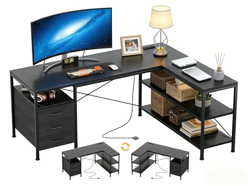 Alpen L Shaped Desk, Black Desk for Bedroom, Gaming Table with Power Outlets, 3 Drawers and Shelves, Large Corner Desk for Gaming, Study Writing PC Table for Work, 55 Inch - color: Black, size: 55 Inches Without Led Lights