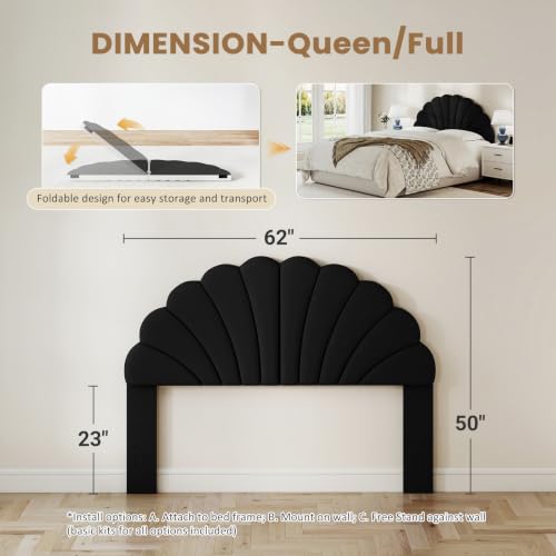 Queen Size Headboard Only, Velvet Petal Wall Mounted, Black | 2 installation options: 1.bed frame mount 2.wall mount (for adjustable bed), Easy to install, Elegant and unique design - color: Velvet-black, size: Queen/Full