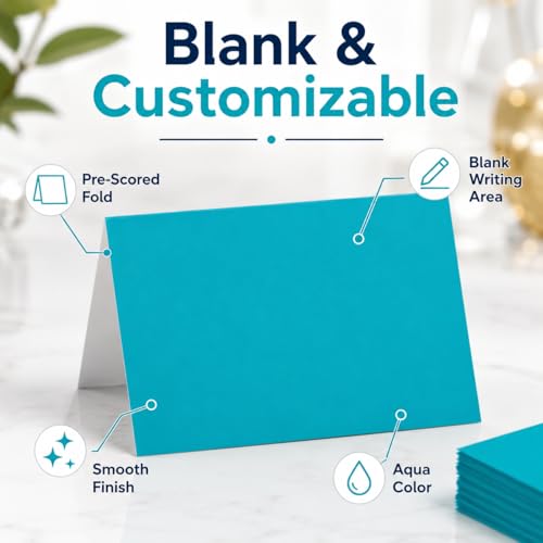 Andaz Press Table Tent Printable Place Cards, Aqua 20-Pack Seat Placement Cards Blank Place Cards Table Settings Name Cards for Baby Bridal Wedding Shower School Graduation Food Cards Blue Place Cards - color: Aqua