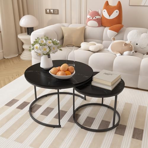 KEIKI Nesting Coffee Table Set of 2, Round Industrial End Tables with Wood Grain MDF Top and Black Metal Frame, Space Saving Small Side Table Set for Living Room Bedroom Balcony, Easy Assembly, Black