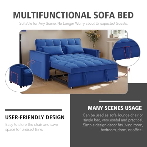 3 In 1 Velvet Convertible Sofa Bed, Pull Out Couch Bed with Reclining Backrest And 2 Pillows, 54" Full Size Loveseat Sleeper Sofa Futon Couch Beds, Couches For Small Spaces, Living Room (Dark Blue) - color: Dark Blue