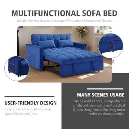 3 In 1 Velvet Convertible Sofa Bed, Pull Out Couch Bed with Reclining Backrest And 2 Pillows, 54" Full Size Loveseat Sleeper Sofa Futon Couch Beds, Couches For Small Spaces, Living Room (Dark Blue) - color: Dark Blue