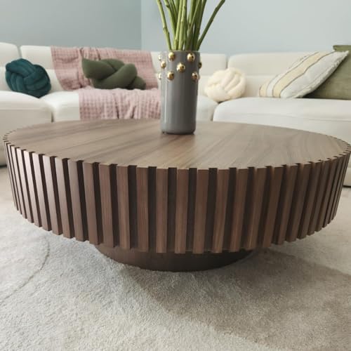 31.49'' Round Coffee Table for Living Room, Modern Wood Nesting Coffee Table Handcraft Circle Fluted Drum Coffee Table, Easy Assembly - color: Walnut, size: 31.49"x17.91"x13.77"