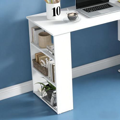 Writing Table Workstation L-Shaped Corner Desk, White | Particle board, laminated surface, 360° rotating design, large desk, 2-tier shelf