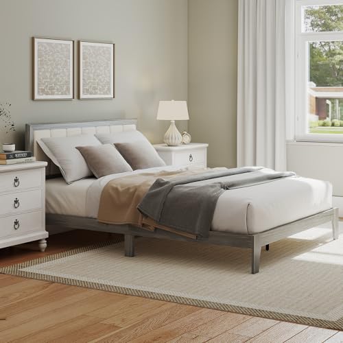 HOMCOM Queen Size Bed Frame, Upholstered Headboard, Wooden Slats, Gray | Platform Bed Frame, No Box Spring Needed, Easy Assembly - size: Queen