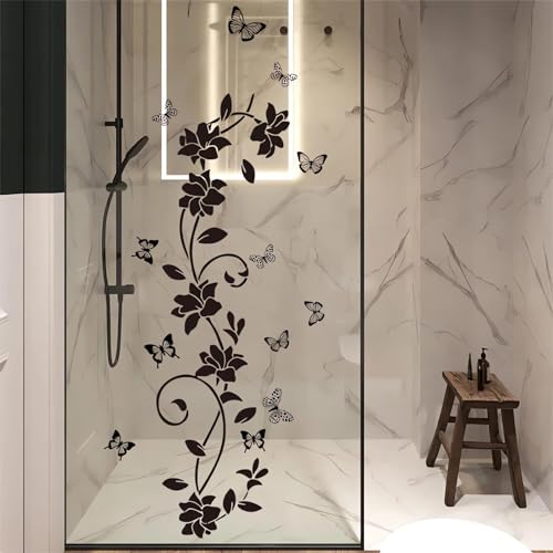 Black Flower Vine Butterfly Wall Stickers Floral Wall Art Decals | Simplicity Minimalist Removable Vinyl Peel and Stick for Bathroom Living Room Bedroom Home Decor