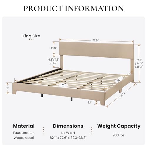 SHA CERLIN Linen Upholstered King Size Bed Frame with Headboard, Beige | Adjustable Low-Profile Platform Bed, Minimalist Design, Stable Mattress Foundation, Strong Back-Support, No Box Spring Needed - color: Beige, size: King