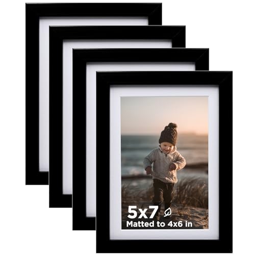 5x7 Picture Frame Black Set of 4, Wooden Photo Frames Matted 4x6 with Plexiglass for 4x6 with Mat or 5x7 without Mat for Table and Wall Display - color: Black, size: 5x7