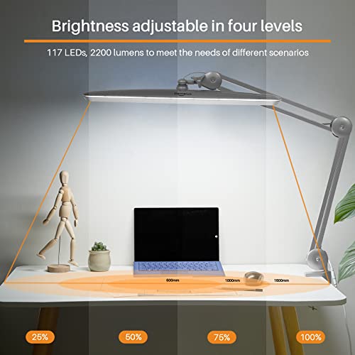 23-Inch LED Task Lamp with Clamp, 24W 2200LM, Silver | 117 SMD LEDs with 4 brightness levels provide eye-caring lighting for reading, crafting, office work, and study - color: Silver