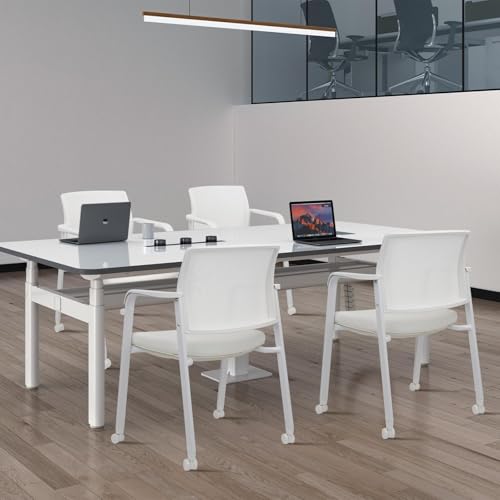 CLATINA Stacking Office Chairs | Mesh Back, Thicken Leather Seat and Arms, Ergonomic Lumber Support | Guest Reception, Waiting, Conference, School, Party, Customer, Side, Stationary | Set of 2, White - color: Withwheels White Leather, size: 2 pack