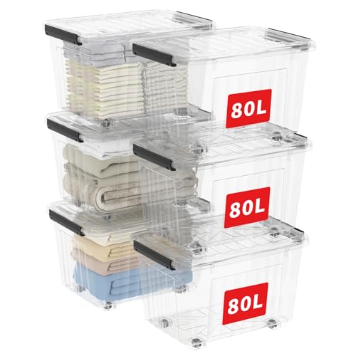 Cetomo 85Qt*6 Plastic Storage Bins, Storage Box, 6 Pack, Organizing Container with Wheels, Durable Lids and Secure Latching Buckles, Stackable and Nestable, Clear with Black Buckle - size: 80L*6