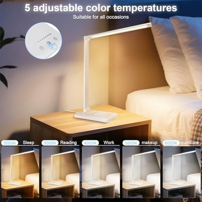 White crown LED Desk Lamp Dimmable Table Lamp Reading Lamp with USB Charging Port, 5 Lighting Modes, Sensitive Control, 30/60 Minutes Timer (White, First-Generation) - color: White, size: first-generation