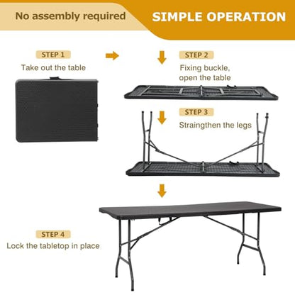 6FT Folding Table, Heavy Duty Plastic Table Portable Fold-in-Half Utility Table Indoor Outdoor Picnic Table w/Handle & Lock for Camping BBQ Party Wedding Market Events, Black Ratten - size: 6FT-Black Ratten