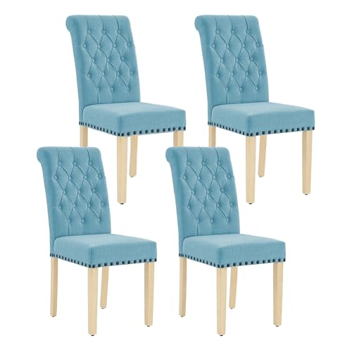 adochr Linen Dining Chairs Set of 4, Armless Parsons Chairs,Light Blue | Wooden Legs & Tufted Buttons, Upholstered Dining Room Chair for Kitchen/Dining Room/Living Room - color: Light Blue, size: 4PCS