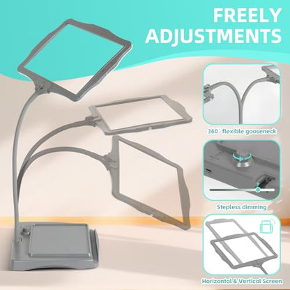 Magnifying Glass with Light and Stand 50 Ultra-Bright LEDs Grey | Large Magnifying Lamp with Light Magnifying Glass on Stand Hand-Free with 360° Flexible Gooseneck for Close Work Reading - color: Gray