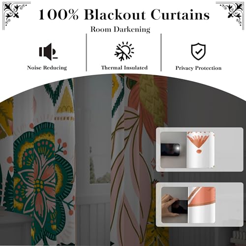 Tyrot Boho Floral 100% Blackout Curtains for Living Room 96 inch Long 2 Panels Mid Century Botanical Black Out Curtains for Bedroom Grommet Thermal Insulated Room Darkening Window Drapes,52Wx96L | Botanical, Thermal Insulated, Heat Blocking, Light Blockin