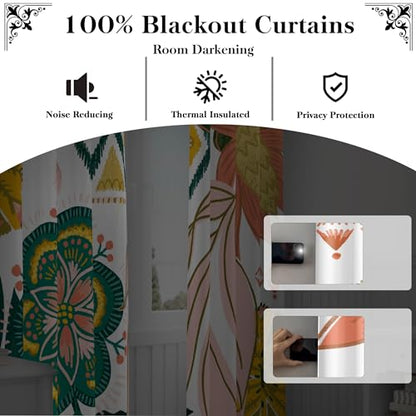 Tyrot Boho Floral 100% Blackout Curtains for Living Room 96 inch Long 2 Panels Mid Century Botanical Black Out Curtains for Bedroom Grommet Thermal Insulated Room Darkening Window Drapes,52Wx96L | Botanical, Thermal Insulated, Heat Blocking, Light Blockin
