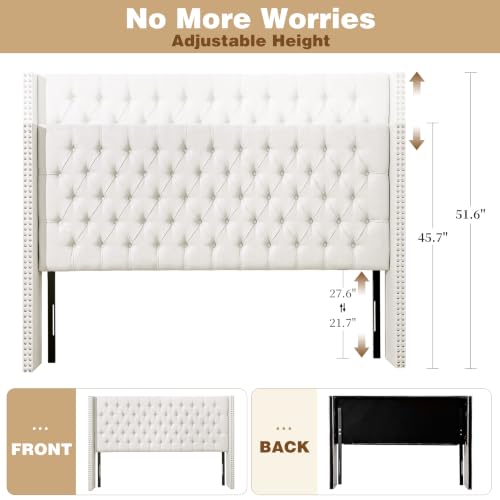 Queen Size Linen Upholstered Headboard, for the Bedroom Beige | Adjustable-Height Tufted Channel Design Padded Head Board Wingback with Nailhead Trim Luxury Bed Headboard - color: Beige, size: Queen (U.S. Standard)