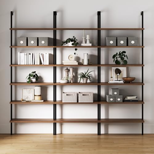 Nathan James Theo 6-Shelf Tall Bookcase, Wall Mount Bookshelf with Reclaimed Oak Wood and Industrial Metal Frame, Reclaimed Oak/Matte Black, Set of 3 - color: Oak/Matte Black, size: Set of 3