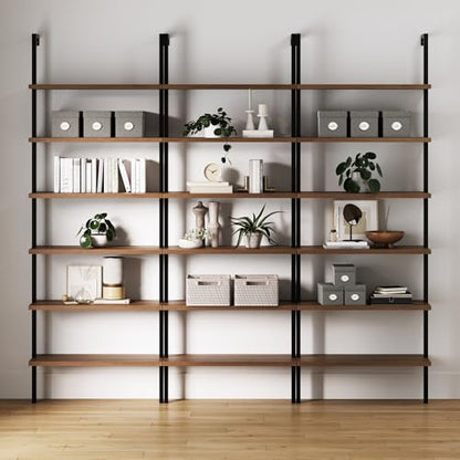 Nathan James Theo 6-Shelf Tall Bookcase, Wall Mount Bookshelf with Reclaimed Oak Wood and Industrial Metal Frame, Reclaimed Oak/Matte Black, Set of 3 - color: Oak/Matte Black, size: Set of 3