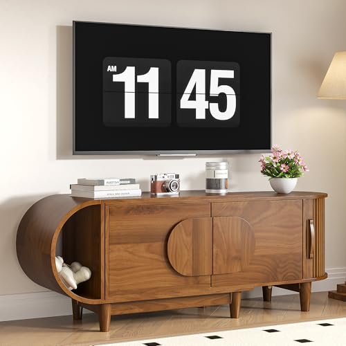 Small Extendable TV Stand for 40-75 Inches TVs, Entertainment Center | Media Console Table with Storage, 3 Cabinets, for Living Room & Bedroom, Modern, Mid Century, Walnut, 46.85" W-66.93" W