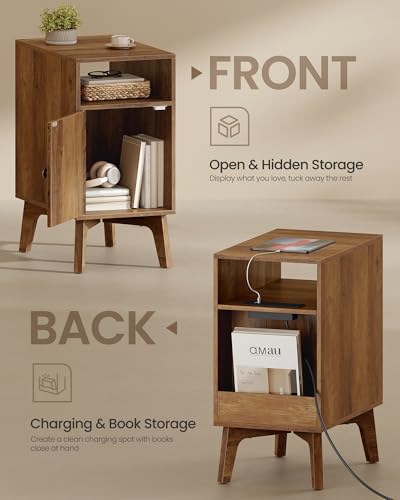 VASAGLE MAEZO Collection - End Table with Charging Station, Narrow Side Table, Nightstand with Tapered Legs, Curved Transitions, for Small Spaces, Bedroom, Honey Brown ULET329K101S - color: Honey Brown