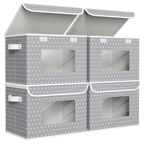 Univivi Fabric Foldable Storage Boxes with Lids, 4 Pack, Gray Star | 17 x 12 x 12 In Large Stackable Storage Bins with Lids, Closet Organizers and Storage Cube Basket for Home, Office, Bedroom - color: Grey Star