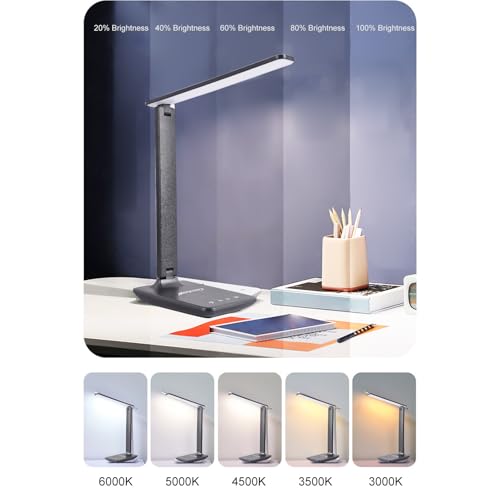 Eye Caring Table Lamp, 180 Adjustable Rotating Foldable Desk Lamp with USB C Charging Port, 5 Color Temperatures 5 Dimming Levels (Black) - color: Black