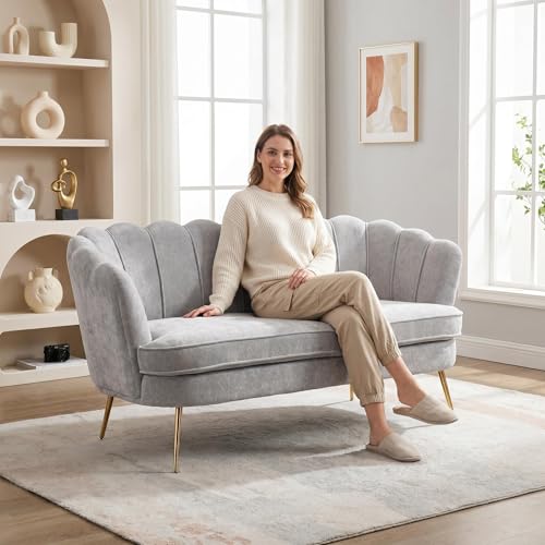 Modern Chenille Loveseat Couch, Futon Small Sofa with Gold Metal Legs | 2-Seater Upholstered Mini Sofa Couches for Small Space,Living Room Bedroom Office Dorm Studio Apartment Love Seat Couche - color: Grey