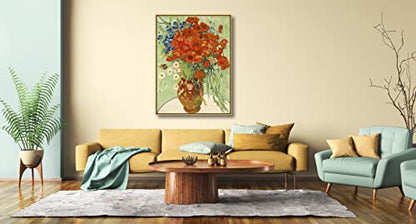 Wieco Art Large Framed Wall Art of Red Poppies and Daisies by Van Gogh Paintings Reproduction Abstract Canvas Prints for Home Living Room Decorations Bronze Gold Frame - size: 32"L x 24"W