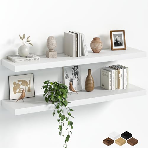 Fun Memories Floating Shelves for Wall, 40 Inch Long Set of 2 Rustic Wood Wall Shelves with Invisible Brackets, Heavy Duty Storage Display for Living Room Bedroom Kitchen, White - color: White, size: 8"D x 40"L - 2Pack