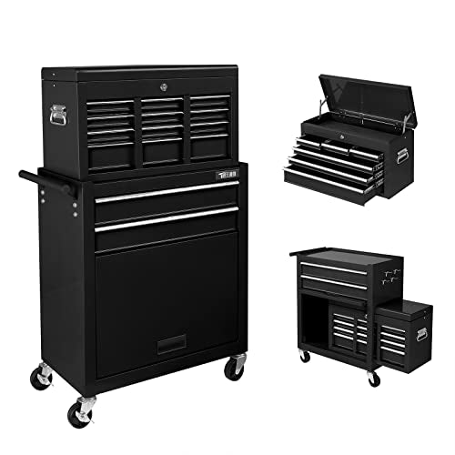 TUFFIOM 8-Drawer Rolling Tool Chest, Tool Storage Cabinet w/Lockable Wheels, Detachable Top, Drawers & Side Hooks, Mechanic Tool Organizer Box for Garage Warehouse Repair Shop - color: Black, size: 8Drawer