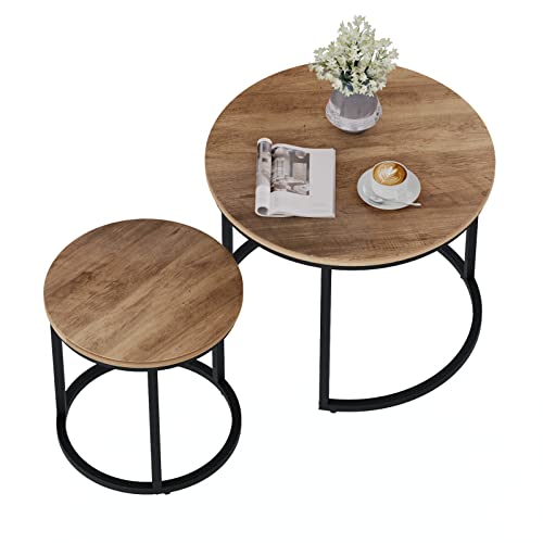 Smuxee Nesting Coffee Table Set of 2, 23.6" Round Coffee Table Wood Grain Top with Adjustable Non-Slip Feet, Industrial End Table Side Tables for Living Room Bedroom Balcony Yard - color: Oak, size: 23.6"W
