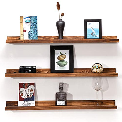 MBYD 48 Inch Picture Ledge Shelf Set of 3, Wall Mount Carbonized Burnt Black Floating Wall Shelves Photo Ledge Natutal Pine Wood for Bedroom, Living Room, Office, Kitchen, Bathroom Same Dimensions - color: Carbonized Black, size: Set of 3 48 in