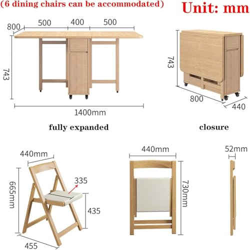 Folding Dining Table Set with 6 Chairs, Mobile Solid Wood Expandable Table, Space-Saving Drop Leaf Table, Multi-Functional Kitchen Island Cart for Small Apartment, Dining Room - 1.4m