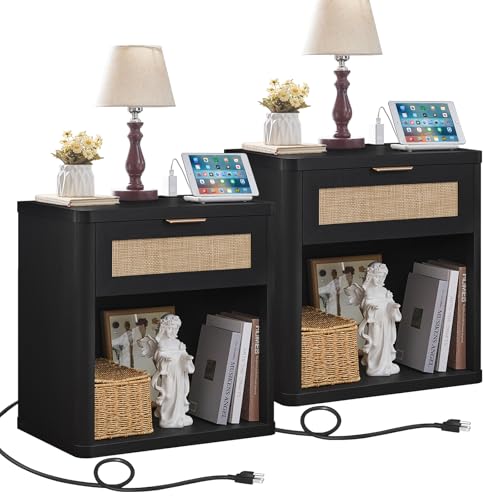 LEYAOYAO Rattan 23" Nightstands with Charger for Bedroom | Gold Metal Handle, Storage Shelf, Black Night Stand with Drawer, Boho Bedside Table, Bed Side End Tables Living Room, Hallway - color: Boho Black, size: 1 Drawer
