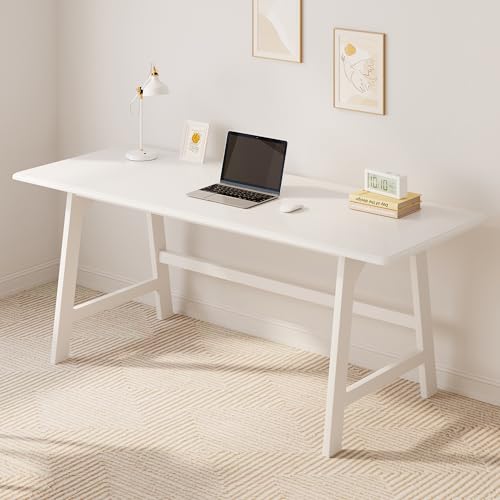 IOTXY Solid Wood Writing Table - 60" W Minimalist PC Computer Desk, White | Minimalist Modern Style, 100% Solid Wood, Spacious Surface, Moon-Shaped Legs, Super Stable, 265-lbs Capacity, 15-Min Assembly - color: White, size: 60" W