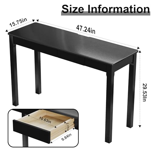 100% Solid Wooden Desk with Drawers - 47 x 16 Inch Modern Narrow Desks, Rubber Wood Study Table, Small Writing Desk for Small Spaces|Bedroom - Black Desks - color: Black, size: 47.2 in W x 15.7 in D