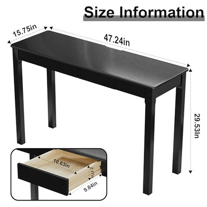 100% Solid Wooden Desk with Drawers - 47 x 16 Inch Modern Narrow Desks, Rubber Wood Study Table, Small Writing Desk for Small Spaces|Bedroom - Black Desks - color: Black, size: 47.2 in W x 15.7 in D