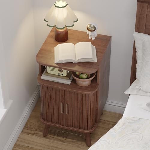 Alohappy Nightstand Set of 2, Mid Century Modern End Table with Storage, Fluted Bedside Table, Wooden Curved Profile Night Stands with Sliding Tambour Door for Bedroom, Living Room, Walnut - color: Walnut