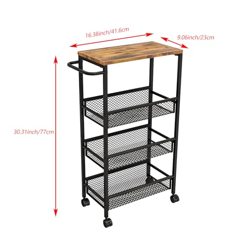 Slim Rolling Cart 4 Tier Narrow Storage Cart on Wheels with Handle | Lockable Wheels, Wood Top Panel, Metal Frame Utility Carts for Kitchen, Dining, Living, Home Office, Laundry Room - size: 16.38 x 9.06 x 30.31 inch