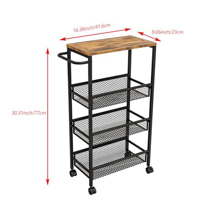 Slim Rolling Cart 4 Tier Narrow Storage Cart on Wheels with Handle | Lockable Wheels, Wood Top Panel, Metal Frame Utility Carts for Kitchen, Dining, Living, Home Office, Laundry Room - size: 16.38 x 9.06 x 30.31 inch