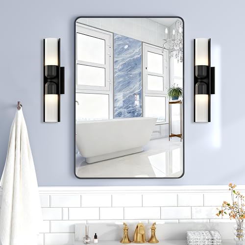 Krymnar 36"x24" Bathroom Vanity Mirror Over Sink, Black Rectangular Aluminum Frame with Rounded Corner(Small-Radius), HD Shatterproof Glass & Rust-Proof Wall Mirror for Bedroom, Living Room, Entryway - size: 36"L x 24"W
