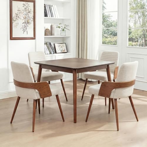 Dining Room Chairs Set of 4,Mid Century Modern Kitchen Chairs,Upholstered Beige Fabric Accent Chairs,Metal Legs Wooden Desk Chairs Armless and No Wheels for Kitchen Dining Living Room - color: Beige Fabric, size: Set of 4