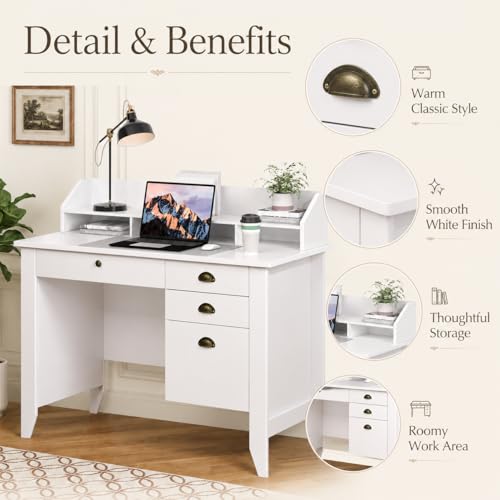 4 EVER WINNER White Desk with Drawers, 47'' Small Desk with File Drawer for Small Spaces, Wood Computer Desk with Monitor Stand for Home Office, Bedroom, White - color: White