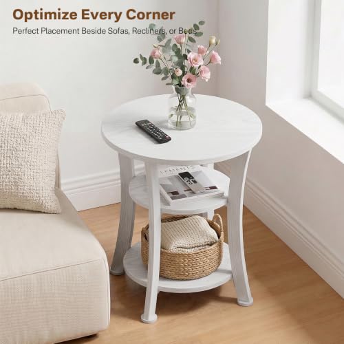 Round End Table 3 Tier Side Table, Small Space Wood Nightstand White | 19.7 inch Circle Coffee Accent Table with Warm Wood Finish for Bedroom Living Room Couch, Sturdy Vintage Rustic Design - color: White