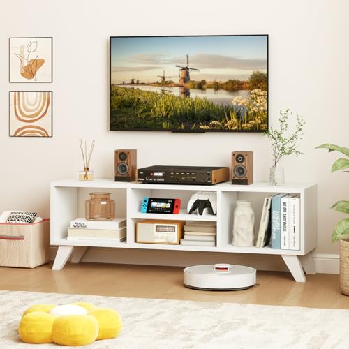 GIANTEX White TV Stand for TVs up to 55", 4-Cubby Modern Entertainment Center with Open Storage Shelves, Wood Media Console Table for Living Room, Bedroom
