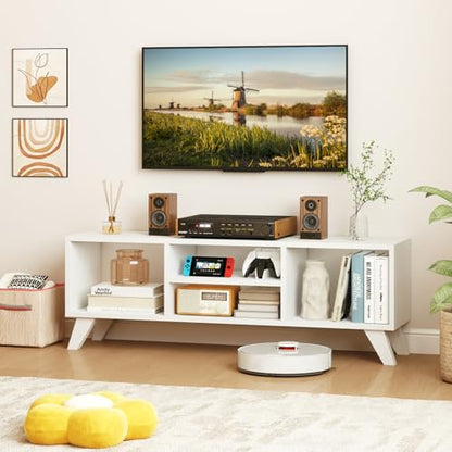GIANTEX White TV Stand for TVs up to 55", 4-Cubby Modern Entertainment Center with Open Storage Shelves, Wood Media Console Table for Living Room, Bedroom
