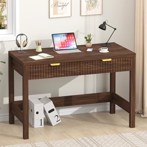 39 Inch Small Fluted Computer Desk with 2 Drawers for Bedroom, Home Office | Small Computer Desk with Storage, Compact Writing Study Desk for Small Spaces, Walnut - color: Walnut, size: 39-Inch Desk